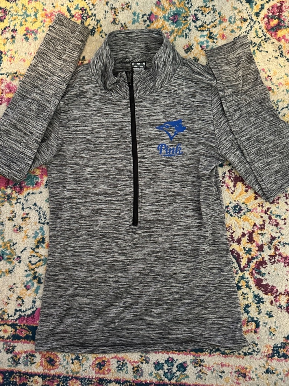 PINK Victoria's Secret Gray Marled Quarter-Zip Pullover with BlueJays Logo